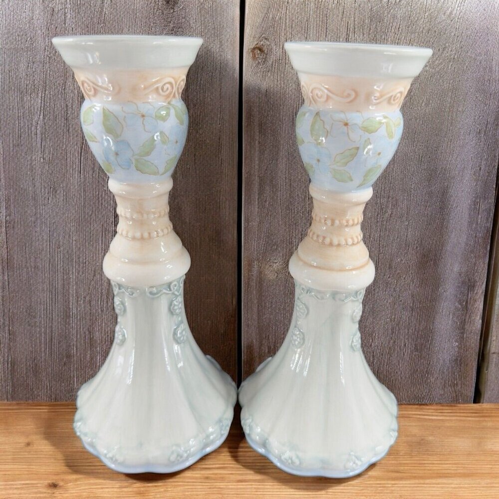 Tracy Porter Hand‎ Painted Pillar Candle Stick Holder Set Ceramic Caldecott